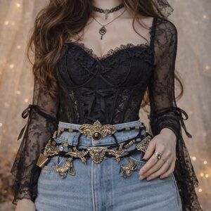 Vintage 80's 90's Concho Metal Belt Black Rope Gold Hardware Western Grunge Boho